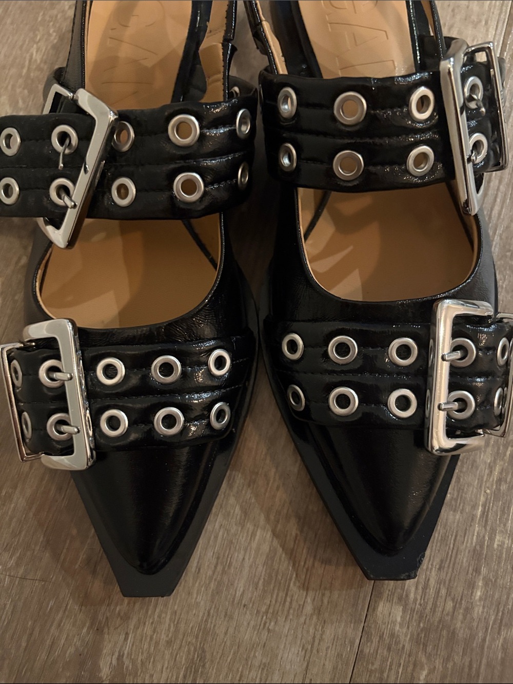 Ganni Black Buckle Ballerina Flats Vegan Leather - Picture 7 of 7